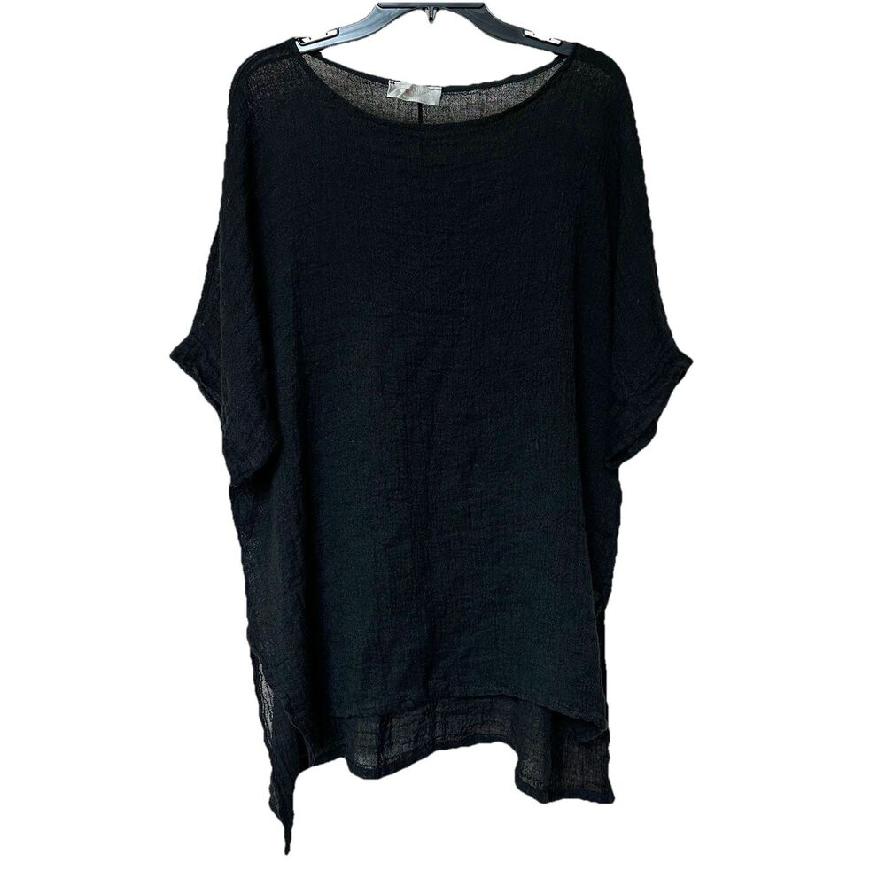 TINA STEPHENS Top OS Linen Cotton Black Pullover Gauzy Slub Resort Lagen